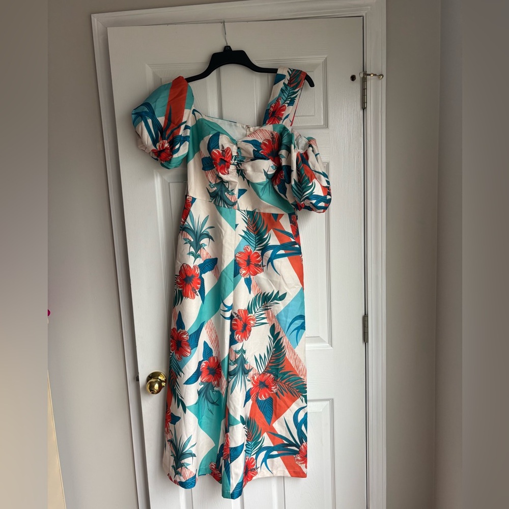 L'ATISTE Floral One-Shoulder Jumpsuit in Red and Teal